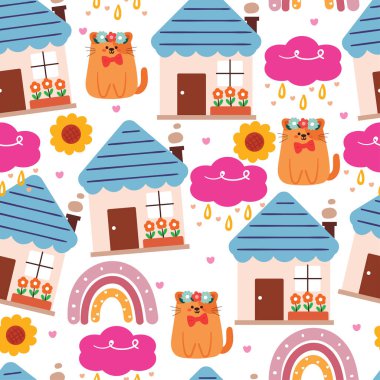 Kedi ve gökyüzü elementli kusursuz desenli çizgi film evi. hediye paketi kağıdı için sevimli duvar kâğıdı