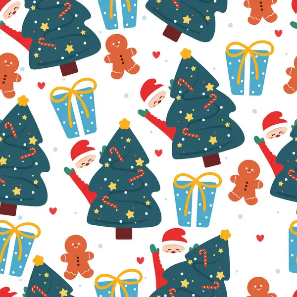 Patrón Dibujos Animados Sin Costuras Santa Con Árbol Navidad Elemento — Archivo Imágenes Vectoriales
