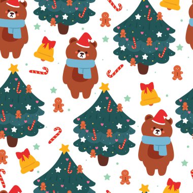 Noel ağacı ve Noel öğesi olan kusursuz desenli çizgi film ayısı. Kart için şirin Noel duvar kâğıdı, hediye paketi kağıdı