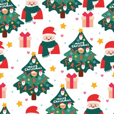 Kusursuz desenli Noel Baba çizgi filmi Noel ağacı ve element ile. Kart için şirin Noel duvar kâğıdı, hediye paketi kağıdı