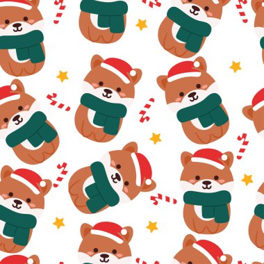 Eşarplı ve Noel şapkalı kusursuz bir çizgi film köpeği. Noel için güzel bir hayvan Tekstil için duvar kağıdı, hediye paketi kağıdı