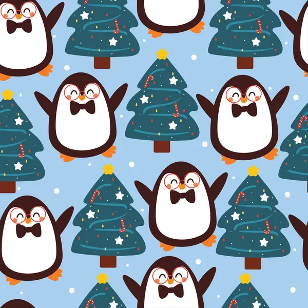 Patrón Inconsútil Dibujos Animados Pingüino Árbol Copos Nieve Lindo Fondo — Archivo Imágenes Vectoriales