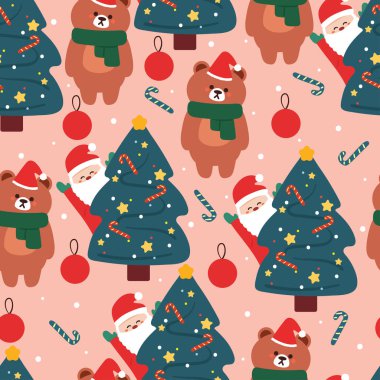 Noel ağacı ve Noel öğesi olan kusursuz desenli çizgi film ayısı. Kart için şirin Noel duvar kâğıdı, hediye paketi kağıdı