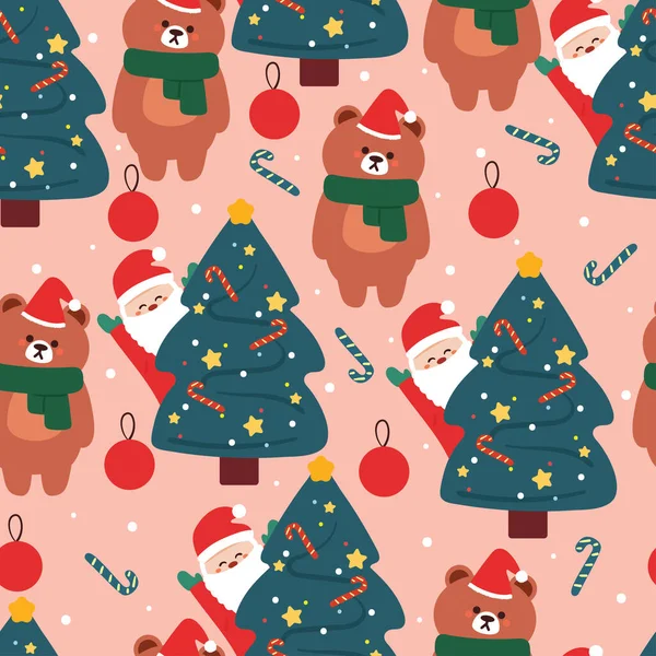 Nahtloser Zeichentrickbär Mit Weihnachtsbaum Und Weihnachtlichem Element Niedliche Weihnachtstapete Für — Stockvektor
