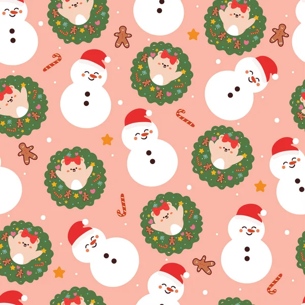 Seamless Pattern Cartoon Bear Snowman Christmas Element Cute Christmas Wallpaper — Stock Vector