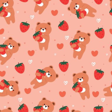 Çilekli kusursuz desenli çizgi film ayısı. hediye paketi kağıdı için sevimli hayvan duvar kağıdı çizimi