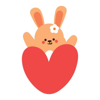 Elinde kalp tutan bir çizgi film tavşanı. Sevgililer Günü için sevimli hayvan karalaması