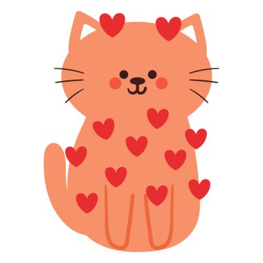 hand drawing cartoon cat with red heart element. cute cat doodle