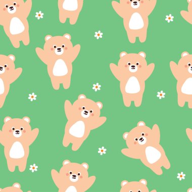 Kusursuz desenli çizgi film ayısı ve çiçek. Tekstil için sevimli duvar kağıdı, hediye paketi kağıdı