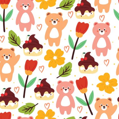 Kusursuz desenli çizgi film ayısı, tatlı ve çiçek. Tekstil için sevimli duvar kağıdı, hediye paketi kağıdı