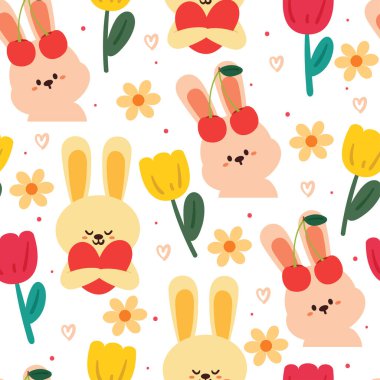 Kusursuz desenli çizgi film tavşanı ve çiçek. Tekstil için sevimli hayvan duvar kağıdı, hediye paketi kağıdı
