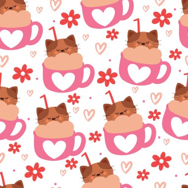 Kusursuz desenli çizgi film kedisi ve sevgililer günü elementi. Tekstil için sevimli sevgililer günü duvar kağıdı, hediye paketi kağıdı