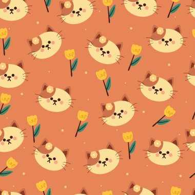 Kusursuz desenli karikatür kedi ve çiçek. Tekstil için sevimli hayvan duvar kağıdı, hediye paketi kağıdı