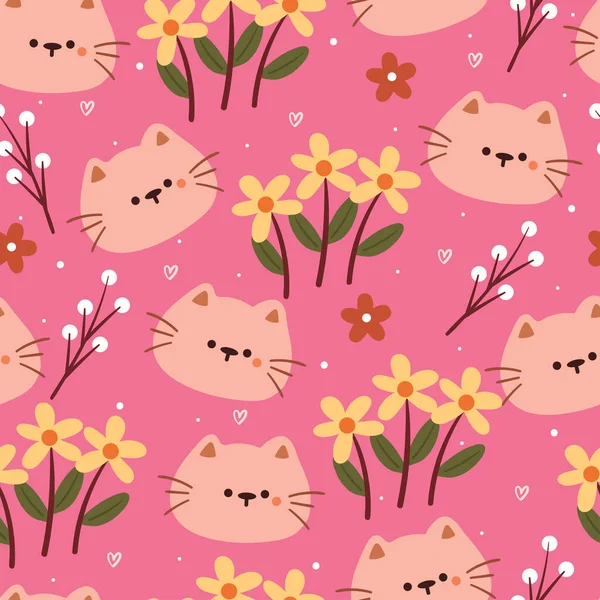 Kusursuz desenli karikatür kedi ve çiçek. Tekstil için sevimli hayvan duvar kağıdı, hediye paketi kağıdı
