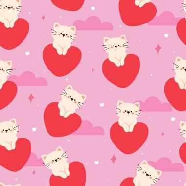 Kusursuz desenli çizgi film kedisi, kalp ve gökyüzü elementi. hediye paketi kağıdı için sevimli hayvan duvar kağıdı çizimi