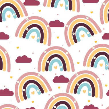 Kusursuz desenli şirin çizgi film gökkuşağı ve bulutlar. hediye paketi kağıdı için sevimli duvar kâğıdı