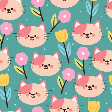 Kusursuz desenli karikatür kedi ve çiçek. Tekstil için sevimli hayvan duvar kağıdı, hediye paketi kağıdı
