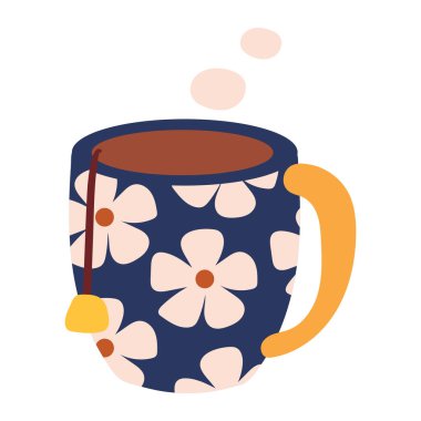 el çizimi karikatür fincanı veya çiçek çizimli kupa. Simge, etiket için şirin fincan tasarımı