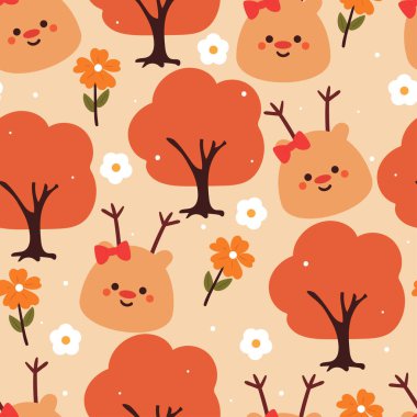 Bitki ve çiçekli kusursuz desenli çizgi film geyiği. Tekstil için sevimli hayvan duvar kağıdı, hediye paketi kağıdı