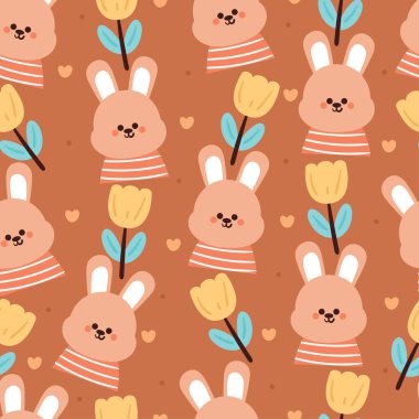 Kusursuz desenli çizgi film tavşanı ve çiçek. Tekstil için sevimli hayvan duvar kağıdı, hediye paketi kağıdı