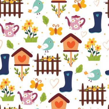 Kusursuz desenli el çizimi çizgi film kuşu, çiçek ve sevimli element. Kumaş baskısı, tekstil için