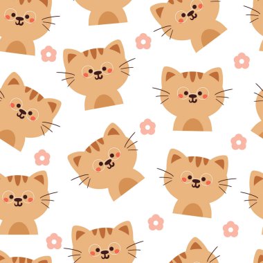 Kusursuz desenli karikatür kedi ve çiçek. Tekstil için sevimli hayvan duvar kağıdı, hediye paketi kağıdı