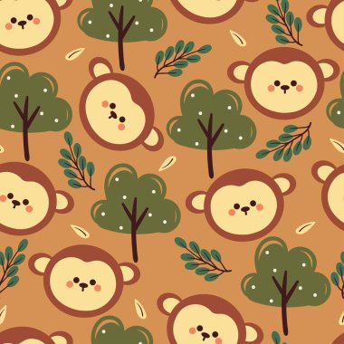 Ağaç ve yapraklarla kusursuz desenli çizgi film maymunu. Tekstil için sevimli hayvan duvar kağıdı, hediye paketi kağıdı