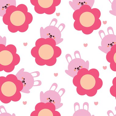 Kusursuz desenli çizgi film tavşanı ve çiçek. Tekstil için sevimli hayvan duvar kağıdı, hediye paketi kağıdı