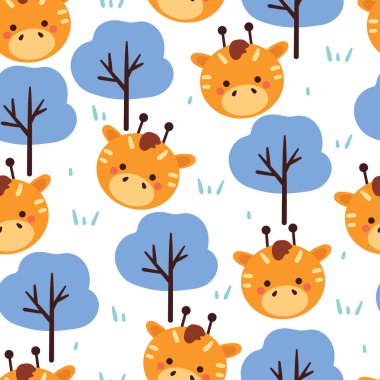 Çiçekli, bitkili ve ağaçlı kusursuz desenli zürafa. Tekstil için sevimli hayvan duvar kağıdı, hediye paketi kağıdı