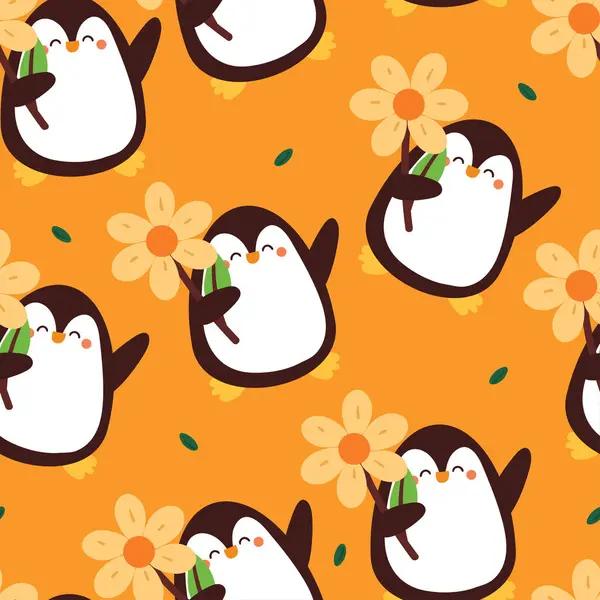シームレスなパターン ペンギンと花 ギフトラップ紙のためのかわいい動物の壁紙のイラスト — ストックベクタ