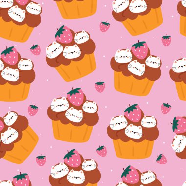 Kusursuz desenli çizgi film kedisi ve kek. Tekstil için sevimli hayvan duvar kağıdı, hediye paketi kağıdı