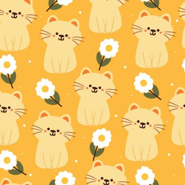Kusursuz desenli karikatür kedi ve çiçek. Tekstil için sevimli hayvan duvar kağıdı, hediye paketi kağıdı