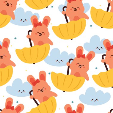 Şemsiyeyle oynayan kusursuz desenli çizgi film tavşanı. Gökyüzü elementi ve şemsiyesi olan sevimli hayvan duvar kağıdı