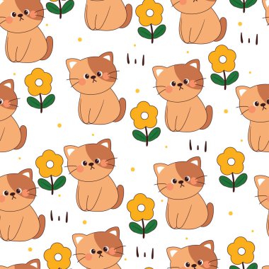 Kusursuz desenli karikatür kedi ve çiçek. Tekstil için sevimli hayvan duvar kağıdı, hediye paketi kağıdı