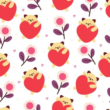 Kusursuz desenli çizgi film kedisi ve kırmızı kalp. hediye paketi kağıdı için sevimli hayvan duvar kağıdı çizimi