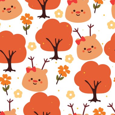 Bitki ve çiçekli kusursuz desenli çizgi film geyiği. Tekstil için sevimli hayvan duvar kağıdı, hediye paketi kağıdı