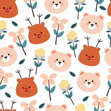 Kusursuz desenli çizgi film ayısı ve çiçekli geyik. Tekstil için sevimli hayvan duvar kağıdı, hediye paketi kağıdı