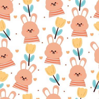 Kusursuz desenli çizgi film tavşanı ve çiçek. Tekstil için sevimli hayvan duvar kağıdı, hediye paketi kağıdı