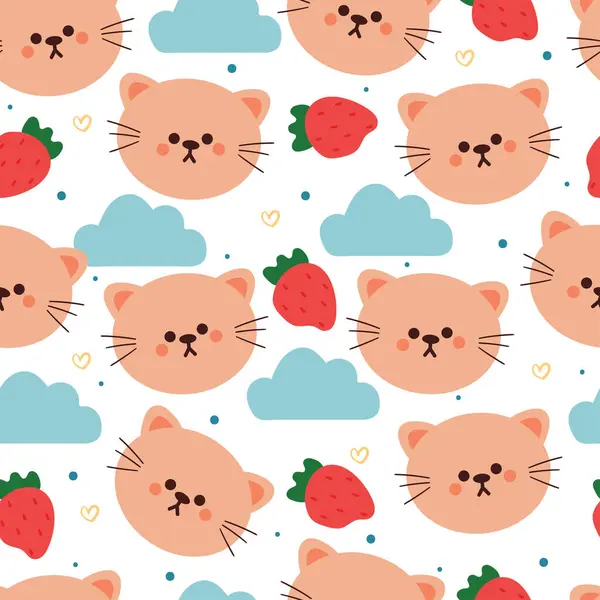 Nahtlose Muster Karikatur Katze Und Erdbeere Niedlichen Tier Tapete Illustration — Stockvektor