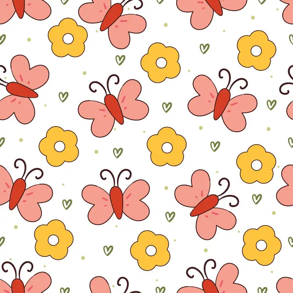 Nahtlose Muster Cartoon Schmetterling Mit Blumen Niedlichen Tier Tapete Illustration — Stockvektor