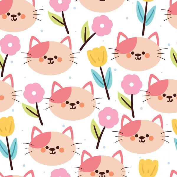 Nahtlose Muster Cartoon Katze Und Blume Niedliche Tiertapete Für Textilien — Stockvektor