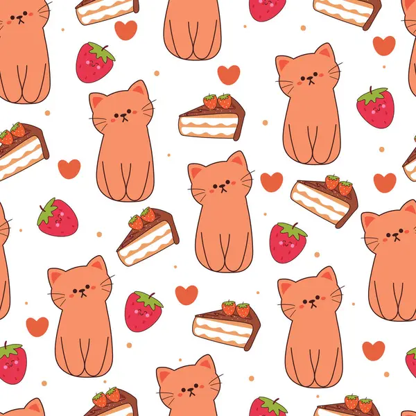 Nahtlose Muster Cartoon Katze Mit Dessert Und Erdbeere Niedlichen Tier — Stockvektor