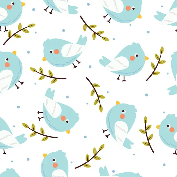 シームレスなパターンの漫画の鳥と葉 ギフトラップ紙のためのかわいい動物の壁紙のイラスト — ストックベクタ
