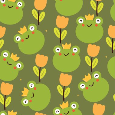 Sevimli, pürüzsüz çizgi film karakteri, kurbağa ve çiçek. hediye paketi kağıdı için sevimli hayvan duvar kağıdı