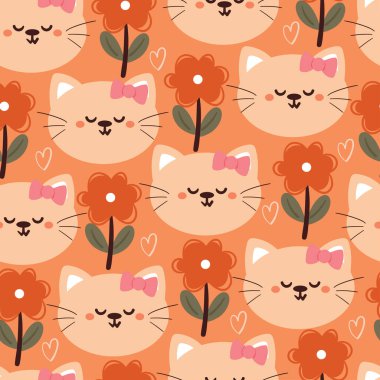 Kusursuz desenli karikatür kedi ve çiçek. Tekstil için sevimli hayvan duvar kağıdı, hediye paketi kağıdı