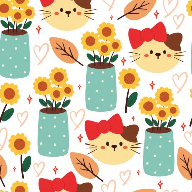 Kusursuz desenli karikatür kedi ve çiçek. Tekstil için sevimli hayvan duvar kağıdı, hediye paketi kağıdı