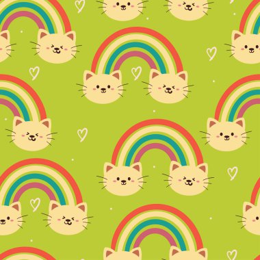 Gökkuşağı ve gökyüzü elementi olan kusursuz desenli çizgi film kedisi. hediye paketi kağıdı için sevimli hayvan duvar kağıdı çizimi