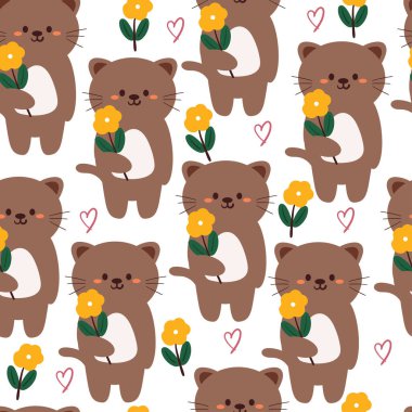 Kusursuz desenli karikatür kedi ve çiçek. Tekstil için sevimli hayvan duvar kağıdı, hediye paketi kağıdı