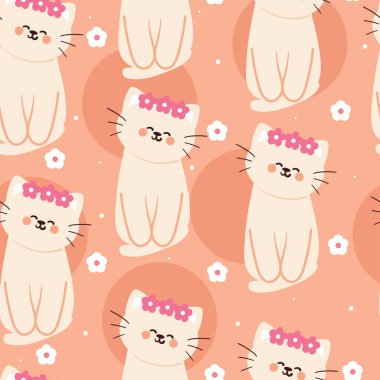 Kusursuz desenli karikatür kedi ve çiçek. Tekstil için sevimli hayvan duvar kağıdı, hediye paketi kağıdı