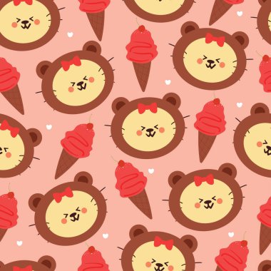 Kusursuz desenli, dondurmalı şirin çizgi film kedisi. hediye paketi kağıdı için sevimli hayvan duvar kağıdı çizimi